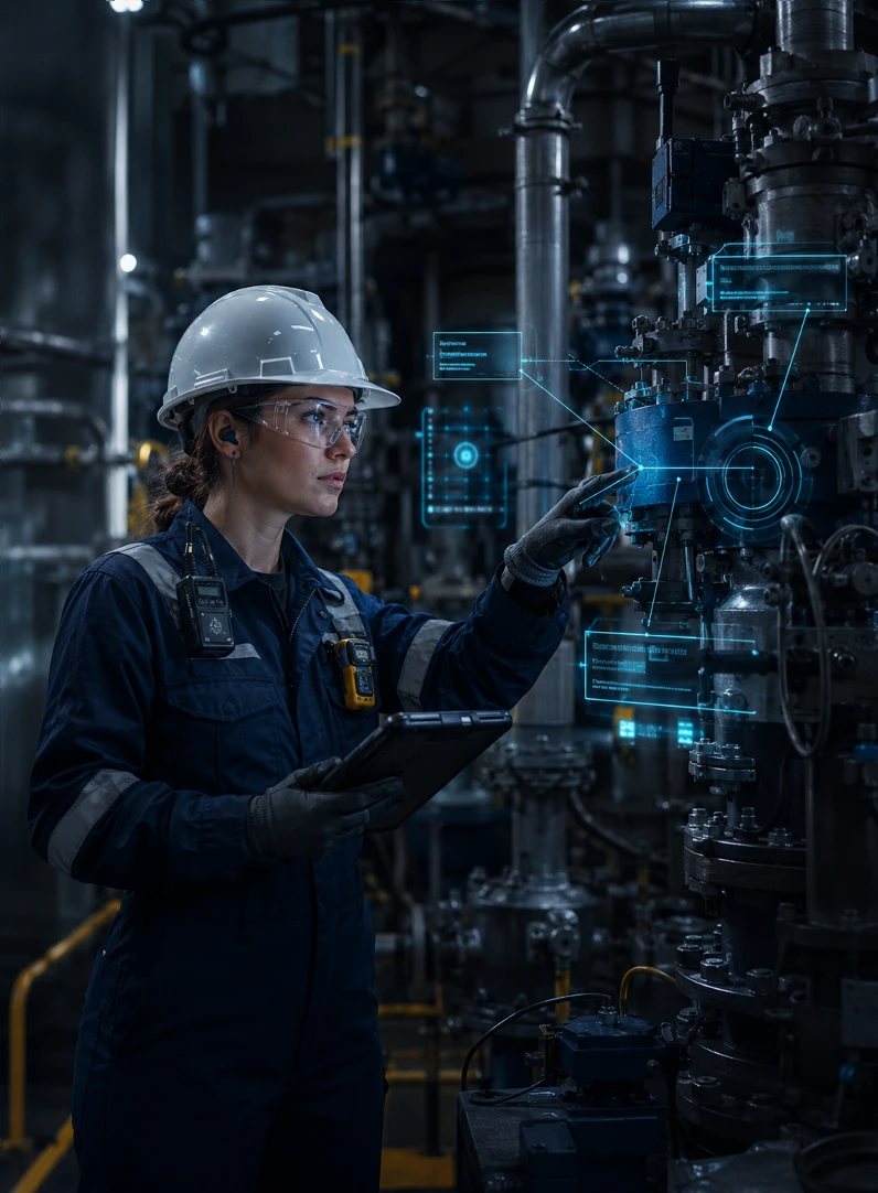 A technician in a hard hat checks equipment while holographic labels identify each component